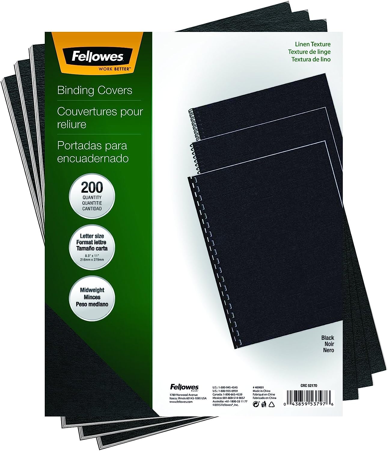 Fellowes Binding Linen Presentation Covers, Letter, Black, 200 Pack (5217001), Black Linen - Image 1